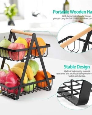 2 Layer Portable Fruit Basket Black Iron Kitchen Stand