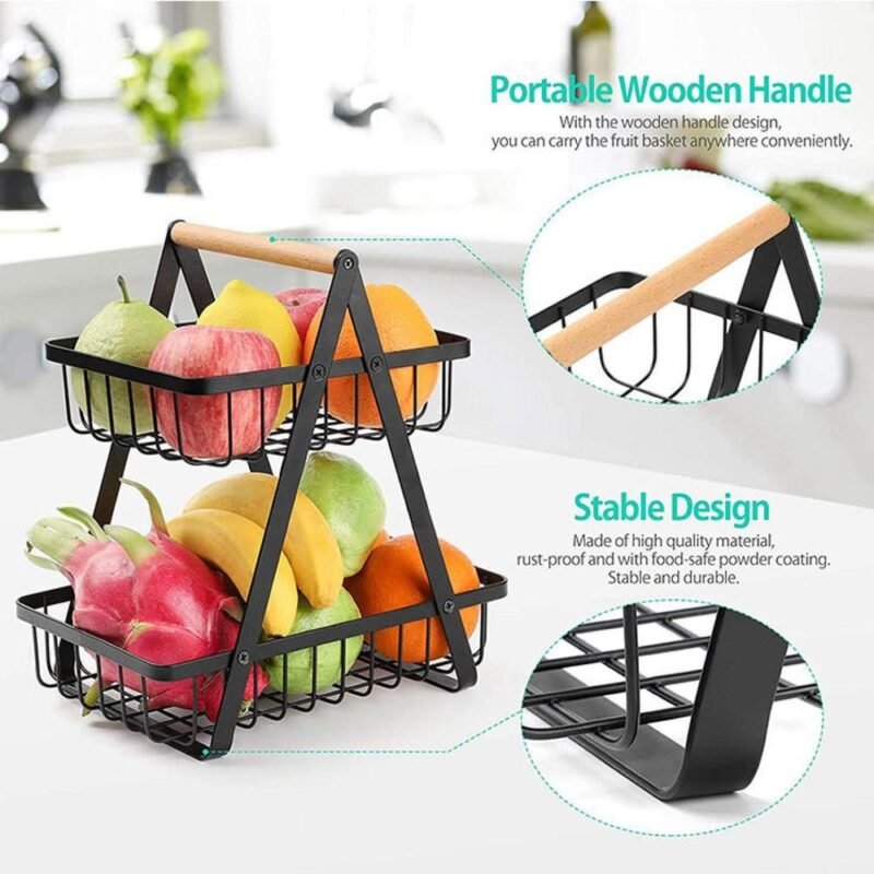 2 Layer Portable Fruit Basket Black Iron Kitchen Stand