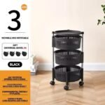 3-Tier Rotating Fruit Basket Black Kitchen Storage Rack