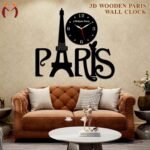 3D Wooden Paris Wall Clock Black Modern Decor