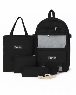4 Pcs Black Nylon Travel Backpack Set with Pouch
