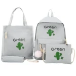 4 Pcs Cactus Print Backpack Set Gray Nylon