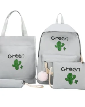 4 Pcs Cactus Print Backpack Set Gray Nylon