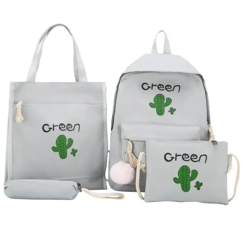 4 Pcs Cactus Print Backpack Set Gray Nylon