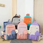 4 Pcs Stylish Nylon Backpacks Set Pink Blue Purple Green