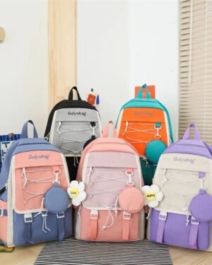 4 Pcs Stylish Nylon Backpacks Set Pink Blue Purple Green