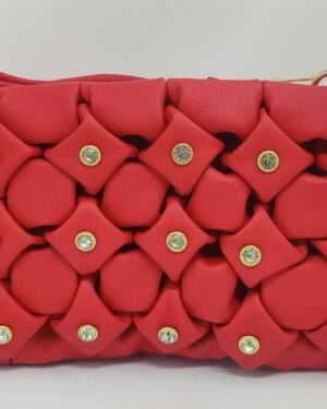 Red Smocked Rexine Clutch with Crystal Accents