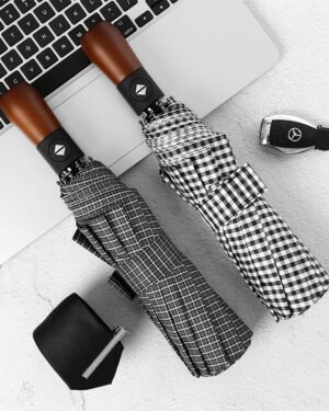Automatic Wooden Handle Check Umbrella for Men