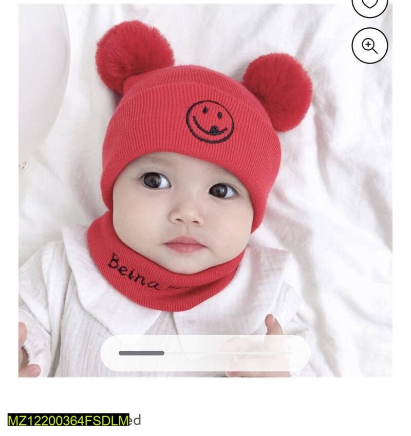 Baby Red Wool Beanie Cap with Pom Poms & Neck Warmer Baby Red Wool Beanie Cap with Pom Poms & Neck Warmer