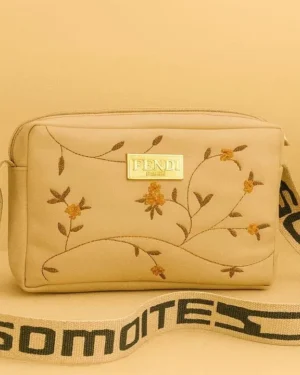 Beige Floral Embroidered Girl's Crossbody Bag