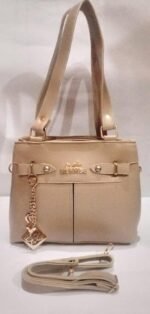 Beige Leather Shoulder Bag with Double Zipper & Long Strap