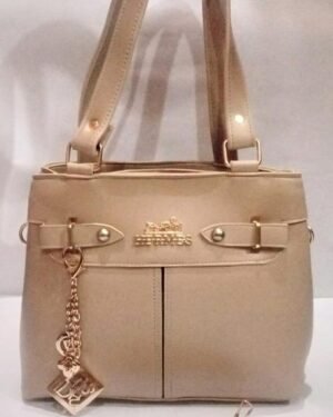 Beige Leather Shoulder Bag with Double Zipper & Long Strap