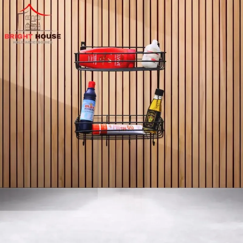 Black 2-Tier Bathroom Storage Rack with Hooks