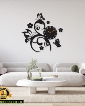 Black Butterfly Flower Wall Clock 30x15 Inch DIY Decor