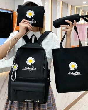 Black Daisy Print Backpack Set of 4 Waterproof Nylon