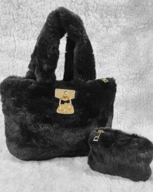 Black Furry Girl Handbag Set 2 Pcs Shoulder & Pouch