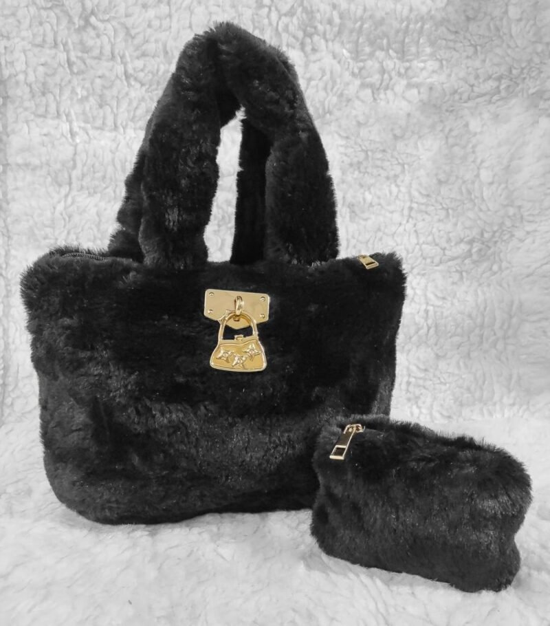 Black Furry Girl Handbag Set 2 Pcs Shoulder & Pouch Black Furry Girl Handbag Set 2 Pcs Shoulder & Pouch