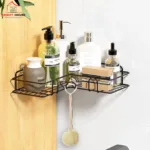Black Iron Bathroom Organizer Shelf with Hanging Loofah Holder