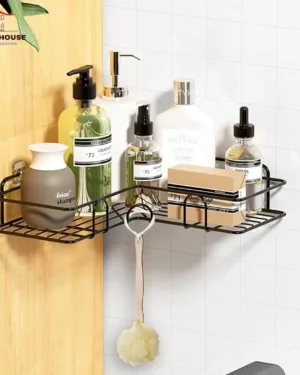 Black Iron Bathroom Organizer Shelf with Hanging Loofah Holder