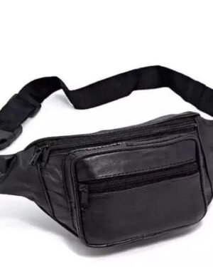 Black Leather Waist Bag with Zip Pockets