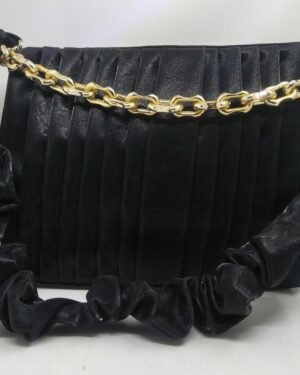 Black Pleated Leather Crossbody Bag with Gold Chain Strap