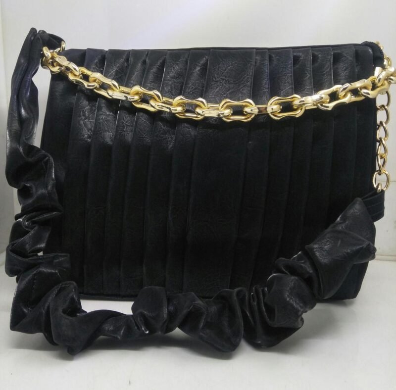 Black Pleated Leather Crossbody Bag with Gold Chain Strap