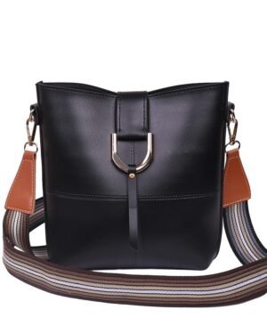 Black PU Leather Crossbody Bag with Striped Strap