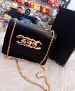 Black PU Leather Handbag with Gold Chain Strap