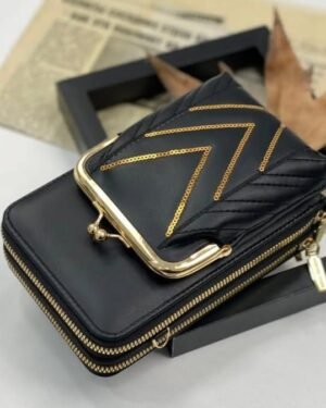 Black PU Leather Women's Crossbody Bag with Gold Zip & Clasp