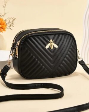 Black Quilted Bee Crossbody Bag for Girls