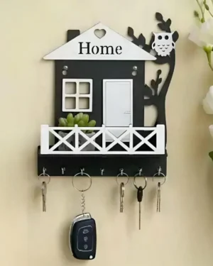 Black Wooden House Key Holder with Owl Decor