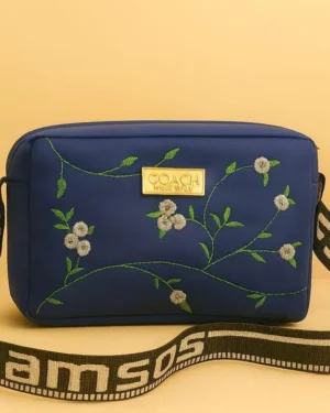 Blue Embroidered Girl's Crossbody Bag PU Leather
