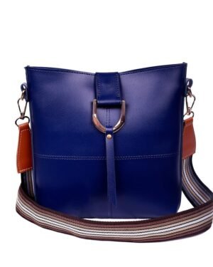 Blue PU Leather Crossbody Bag with Striped Strap