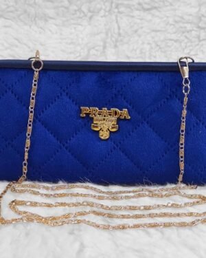 Blue Velvet Quilted Prada Wallet with Long Gold Chain Strap