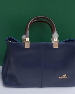 Blue Women's Leather Handbag with Wooden Grip