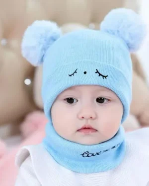 Blue Wool Bear Ears Beanie & Neck Warmer Set