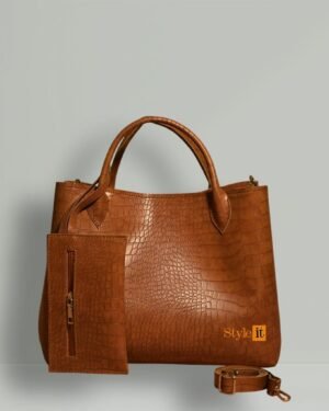 Brown Croc Print Handbag Set for Women