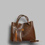 Brown Croc-Textured Women's Handbag Set with Top Handle