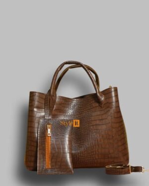 Brown Croc-Textured Women's Handbag Set with Top Handle