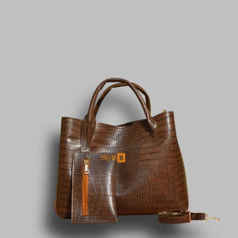 Brown Croc-Textured Women's Handbag Set with Top Handle