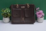 Brown Leather Women's Handbag Set with 2 Front Pockets