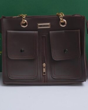 Brown Leather Women's Handbag Set with 2 Front Pockets