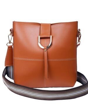 Brown PU Leather Crossbody Bag with Striped Strap