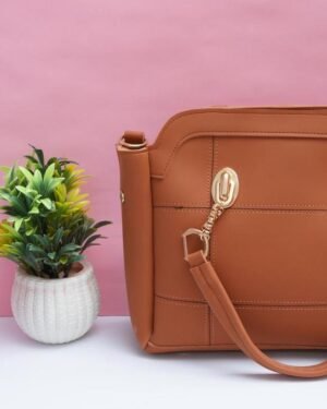 Brown PU Leather Women's Handbag with Top Handle & Long Strap