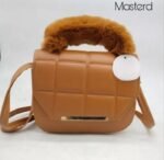 Brown Quilted Crossbody Bag for Girls with Faux Fur Handle