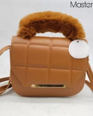 Brown Quilted Crossbody Bag for Girls with Faux Fur Handle