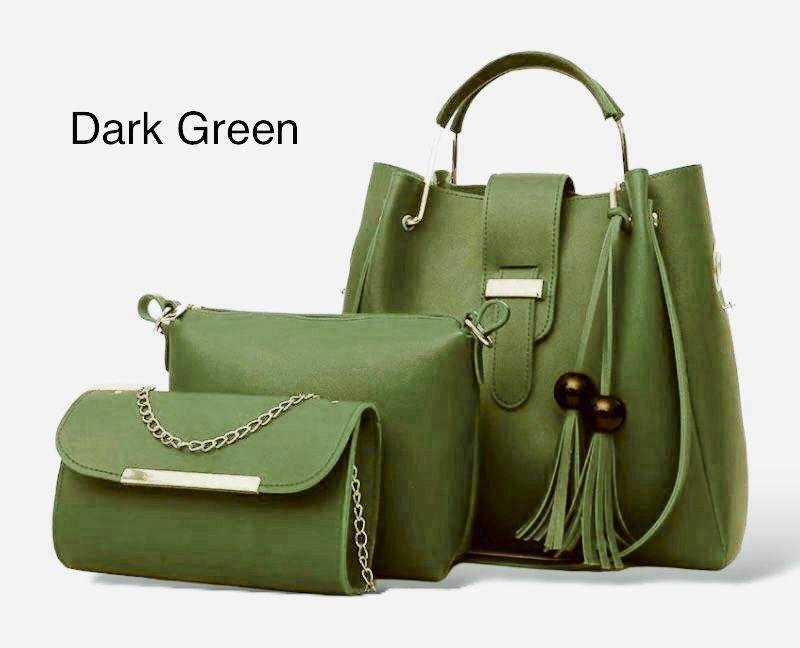 Chic Women's Leather Hand Bag Set - 3 Pcs, Plain Green Chic Women's Leather Hand Bag Set - 3 Pcs, Plain Green