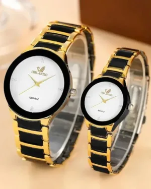 Couple Analog Watches Black Gold Stainless Steel