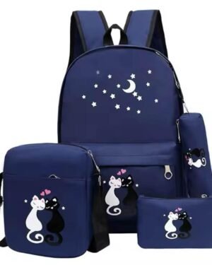 Cute Cat Print 4-Piece School Backpack Set Blue