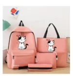 Cute Cat Print Backpack Set Pink Nylon 17"